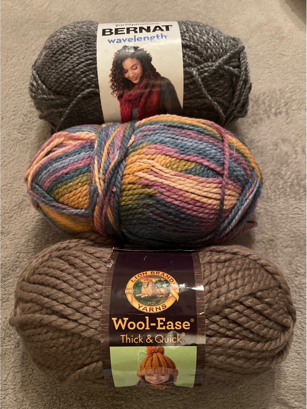 Mixed Yarn Bundle - Bernat Wavelength Gray & Lion Brand Wool-Ease Taupe and Mult
